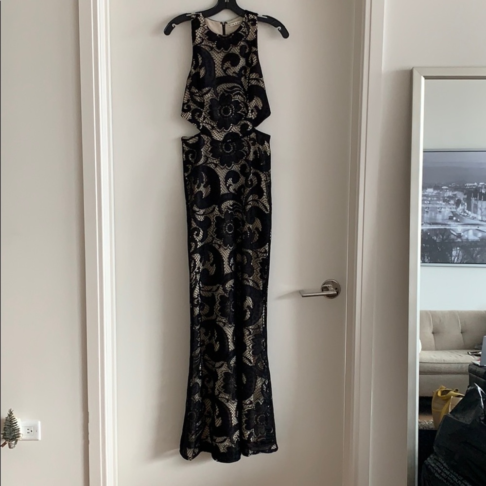 Alice + Olivia Black Lace Gown w/ Side Cutouts